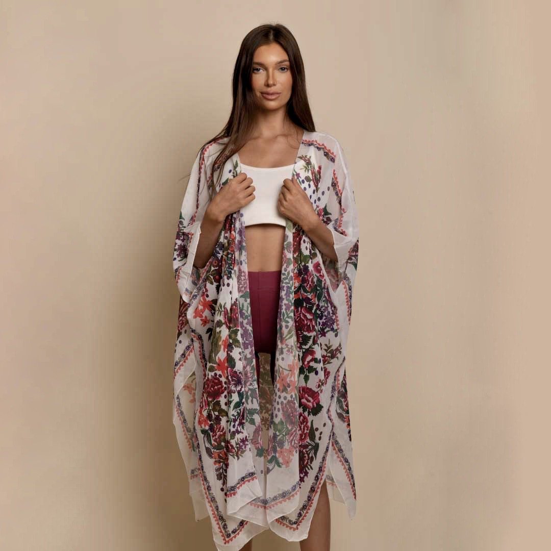 New York White Flower Kimono Chiffon Beach Coverup - Rosetta Creative Boutique